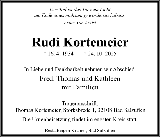 Anzeige  Rudi Kortemeier  Lippische Landes-Zeitung