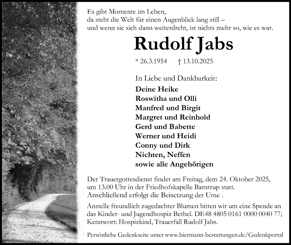  Traueranzeige für Rudolf Jabs vom 18.10.2025 aus Lippische Landes-Zeitung