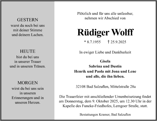 Anzeige  Rüdiger Wolff  Lippische Landes-Zeitung