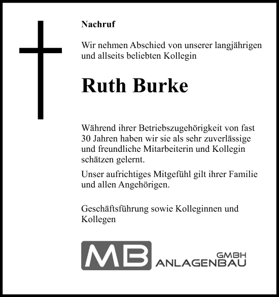 Anzeige  Ruth Burke  Lippische Landes-Zeitung