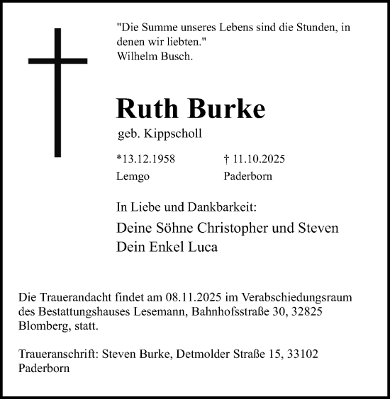 Anzeige  Ruth Burke  Lippische Landes-Zeitung