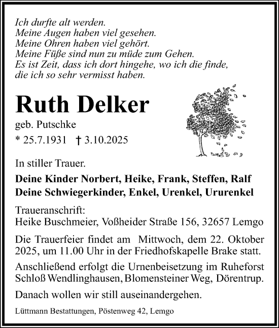 Anzeige  Ruth Delker  Lippische Landes-Zeitung