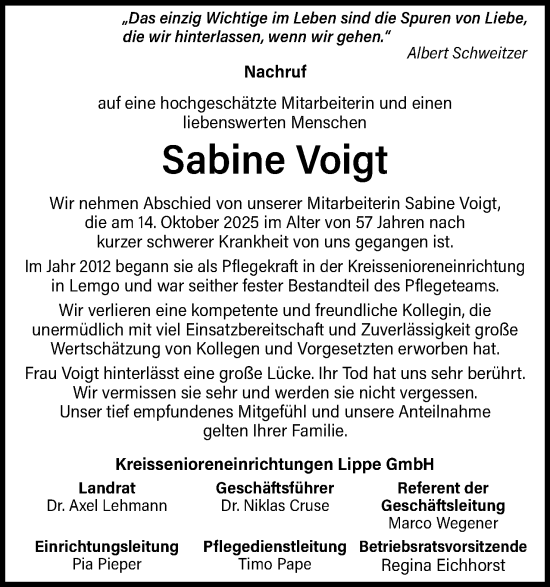 Anzeige  Sabine Voigt  Lippische Landes-Zeitung