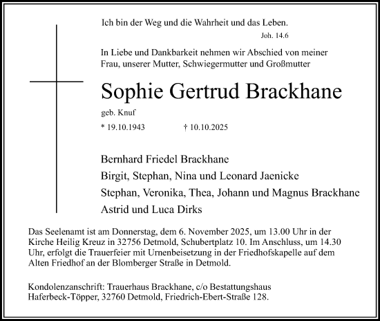 Anzeige  Sophie Gertrud Brackhane  Lippische Landes-Zeitung