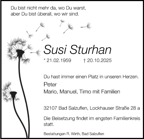 Anzeige  Susi Sturhan  Lippische Landes-Zeitung