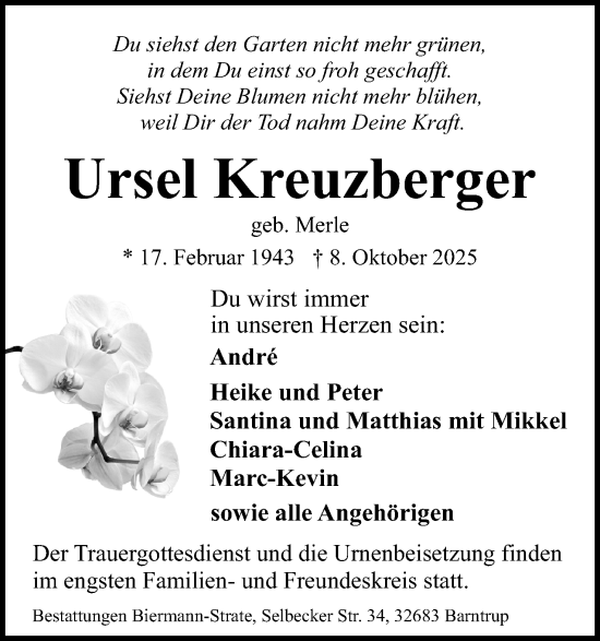 Anzeige  Ursel Kreuzberger  Lippische Landes-Zeitung