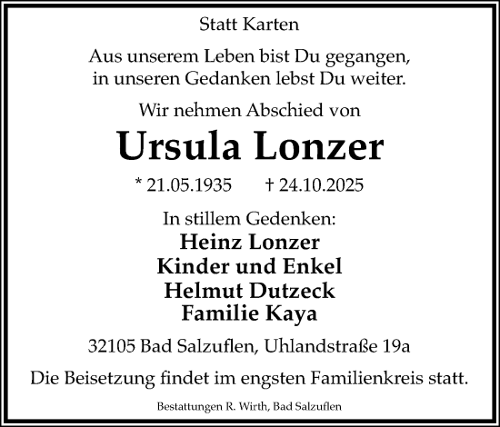 Anzeige  Ursula Lonzer  Lippische Landes-Zeitung