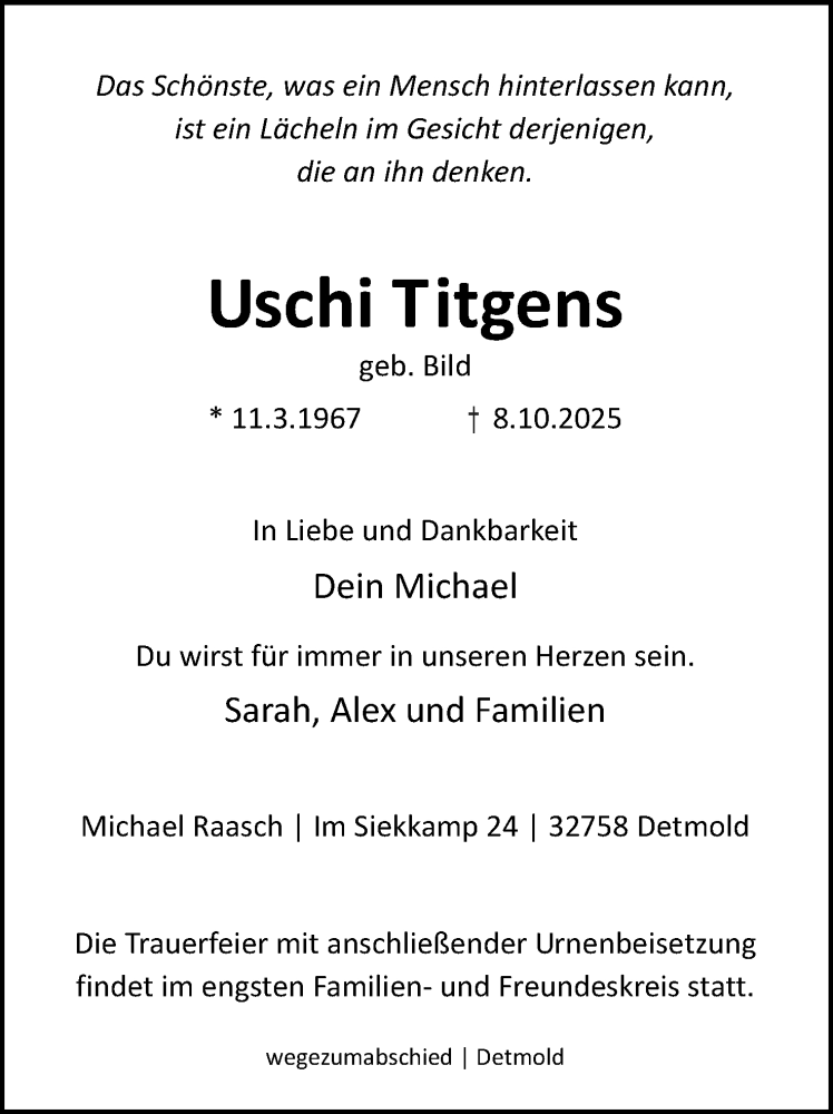  Traueranzeige für Uschi Titgens vom 18.10.2025 aus Lippische Landes-Zeitung