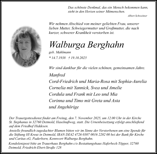 Anzeige  Walburga Berghahn  Lippische Landes-Zeitung