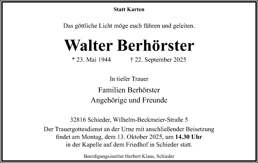  Traueranzeige für Walter Berhörster vom 04.10.2025 aus Lippische Landes-Zeitung