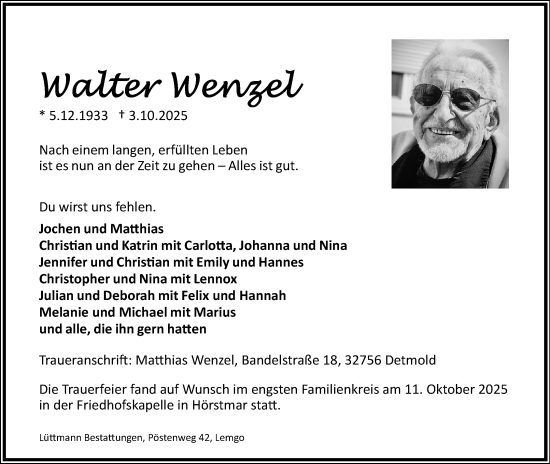 Anzeige  Walter Wenzel  Lippische Landes-Zeitung