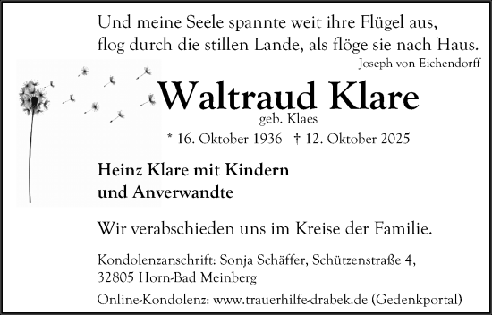 Anzeige  Waltraud Klare  Lippische Landes-Zeitung