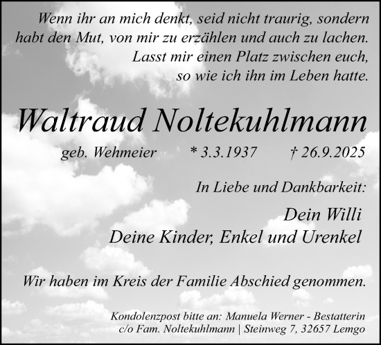 Anzeige  Waltraud Noltekuhlmann  Lippische Landes-Zeitung