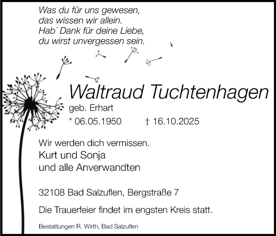 Anzeige  Waltraud Tuchtenhagen  Lippische Landes-Zeitung