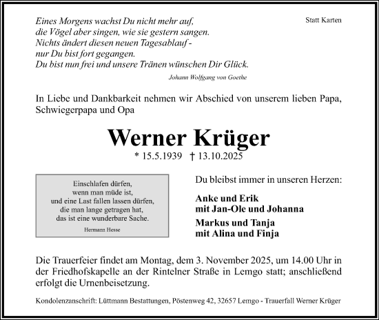 Anzeige  Werner Krüger  Lippische Landes-Zeitung