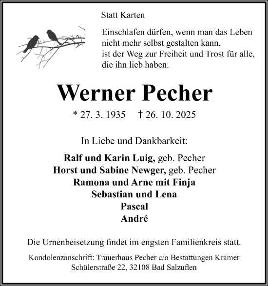 Anzeige  Werner Pecher  Lippische Landes-Zeitung