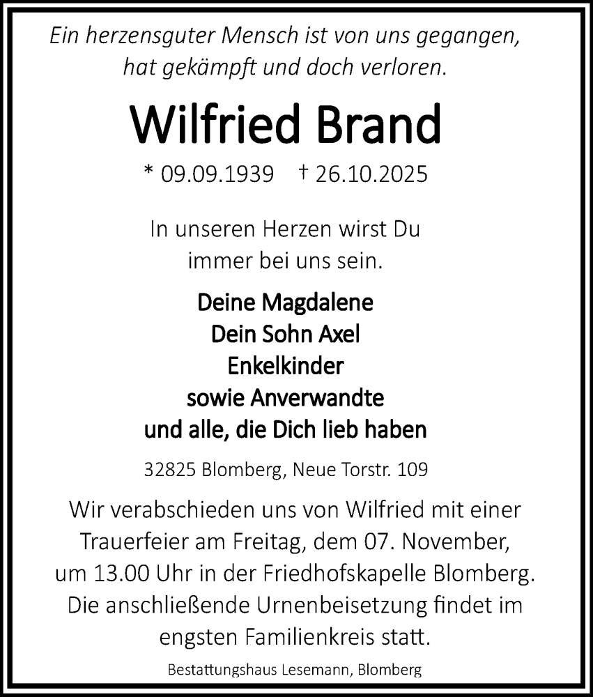  Traueranzeige für Wilfried Brand vom 31.10.2025 aus Lippische Landes-Zeitung