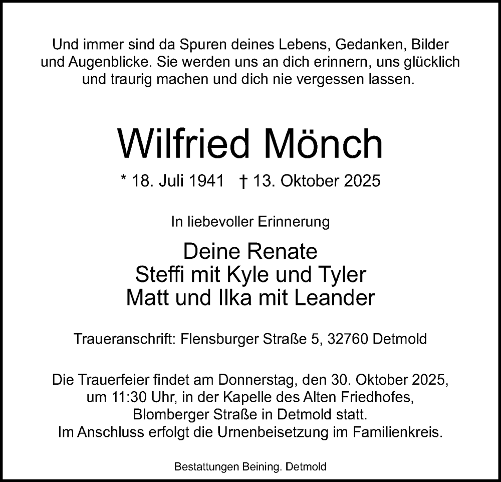  Traueranzeige für Wilfried Mönch vom 18.10.2025 aus Lippische Landes-Zeitung