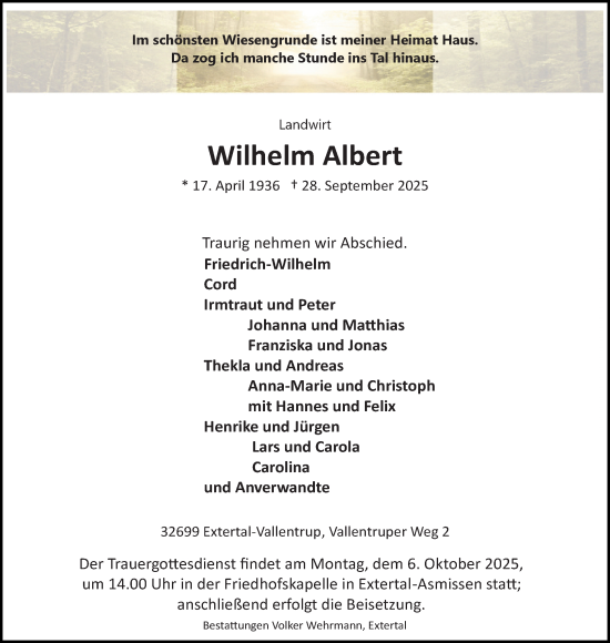 Anzeige  Wilhelm Albert  Lippische Landes-Zeitung