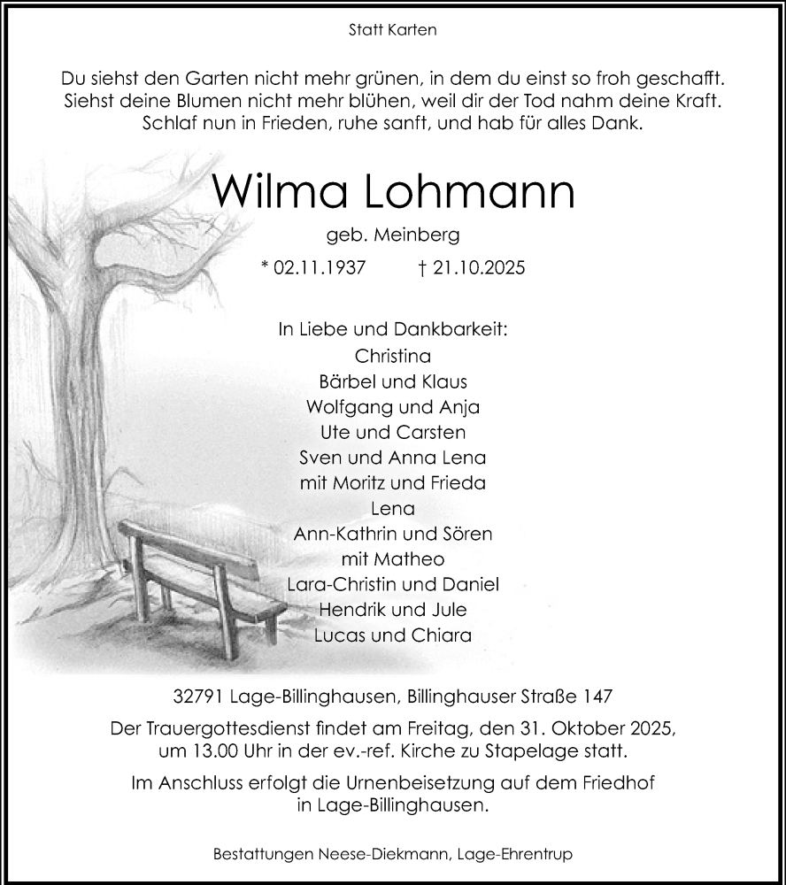  Traueranzeige für Wilma Lohmann vom 25.10.2025 aus Lippische Landes-Zeitung