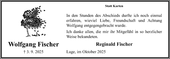Anzeige  Wolfgang Fischer  Lippische Landes-Zeitung