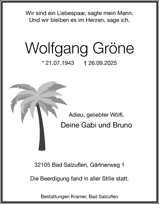 Anzeige  Wolfgang Gröne  Lippische Landes-Zeitung