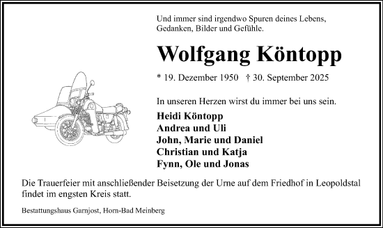 Anzeige  Wolfgang Köntopp  Lippische Landes-Zeitung