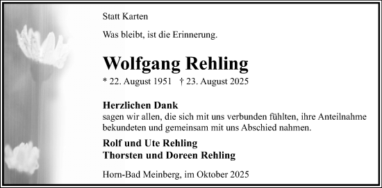 Anzeige  Wolfgang Rehling  Lippische Landes-Zeitung