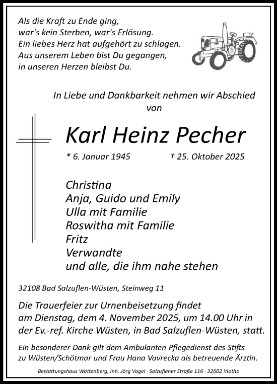 Anzeige  Karl Heinz Pecher  Lippische Landes-Zeitung