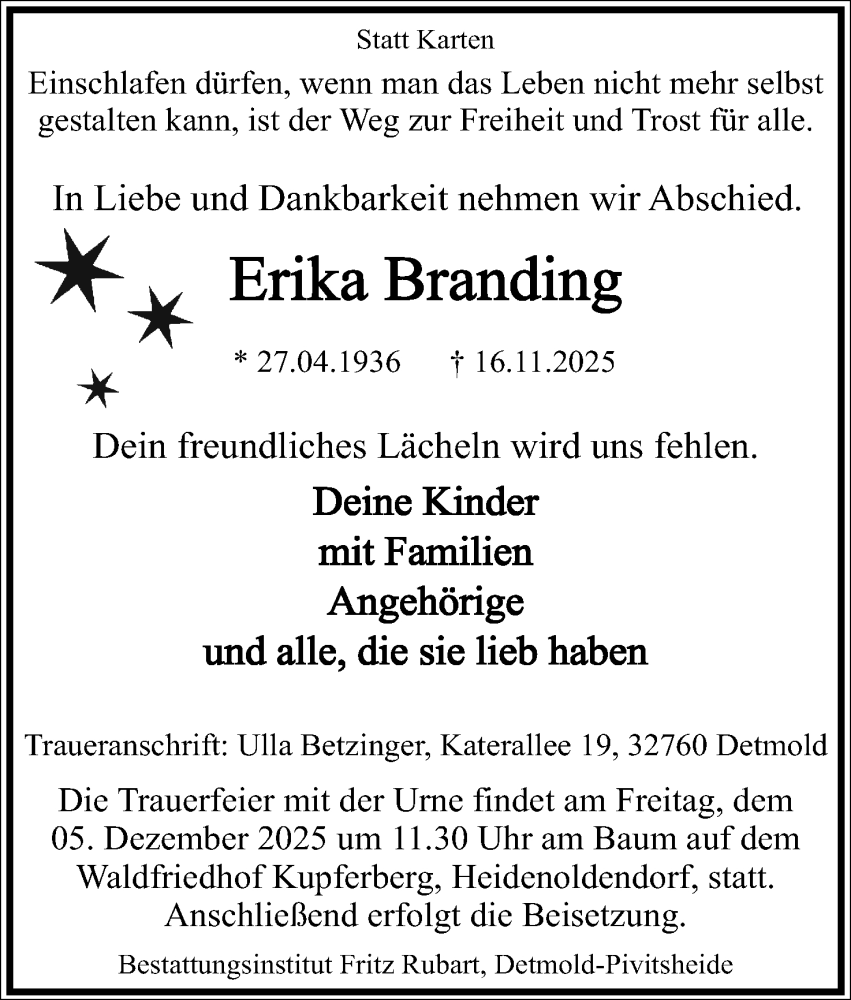  Traueranzeige für Erika Branding  vom 22.11.2025 aus Lippische Landes-Zeitung