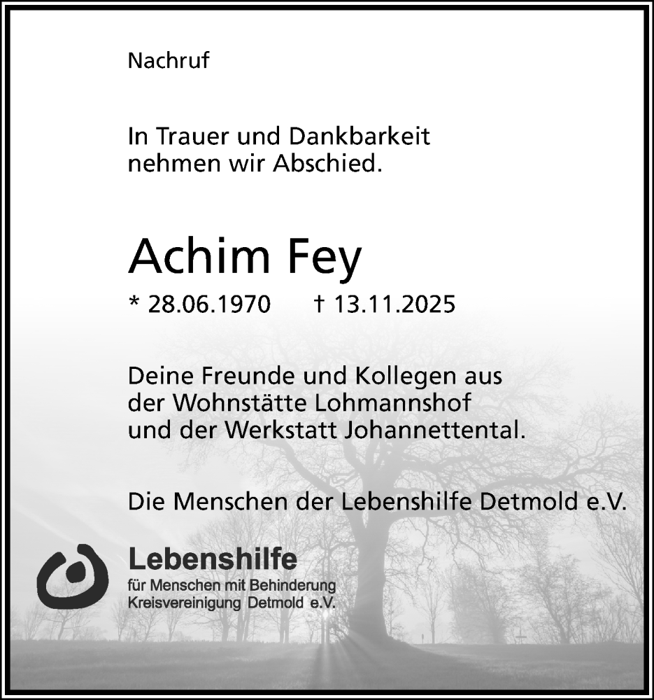  Traueranzeige für Achim Fey vom 22.11.2025 aus Lippische Landes-Zeitung
