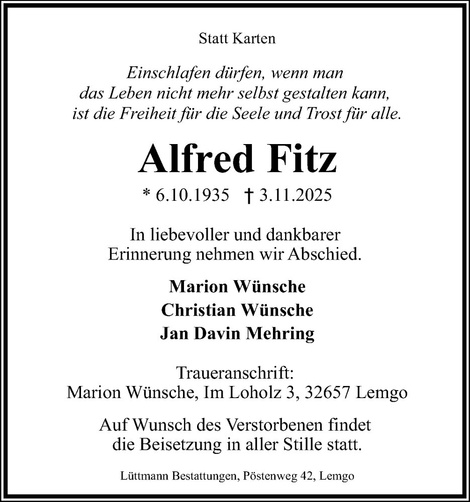  Traueranzeige für Alfred Fitz vom 08.11.2025 aus Lippische Landes-Zeitung