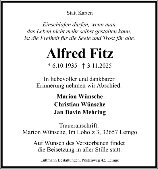 Anzeige  Alfred Fitz  Lippische Landes-Zeitung