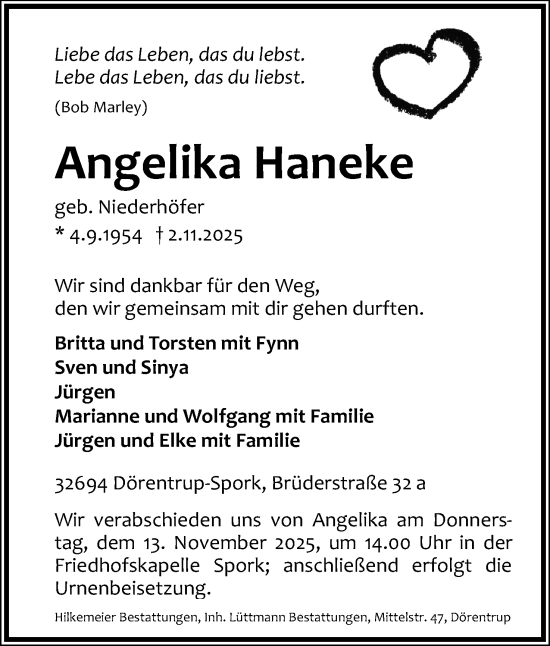 Anzeige  Angelika Haneke  Lippische Landes-Zeitung