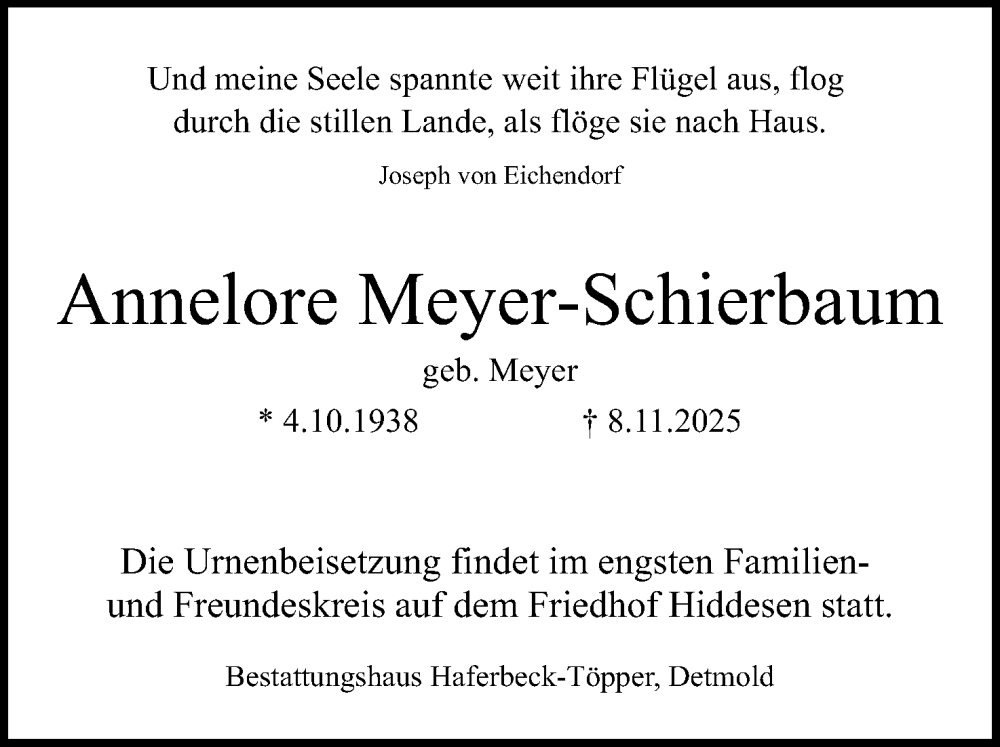  Traueranzeige für Annelore Meyer-Schierbaum vom 22.11.2025 aus Lippische Landes-Zeitung