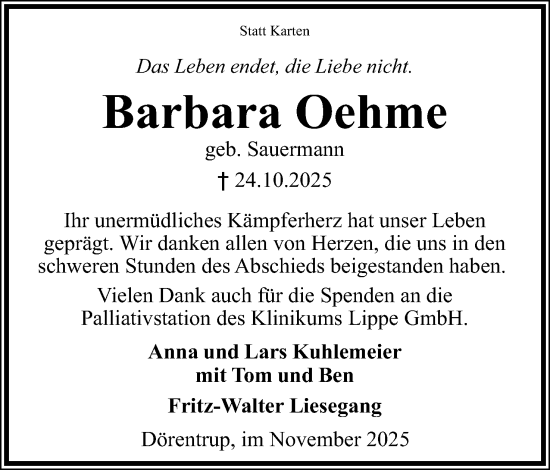Anzeige  Barbara Oehme  Lippische Landes-Zeitung