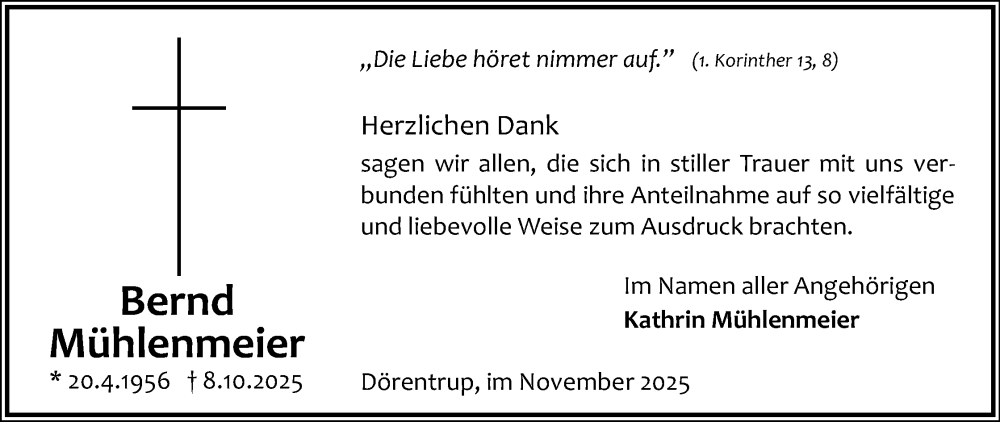  Traueranzeige für Bernd Mühlenmeier vom 22.11.2025 aus Lippische Landes-Zeitung
