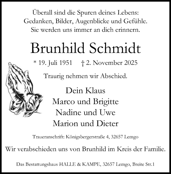 Anzeige  Brunhild Schmidt  Lippische Landes-Zeitung