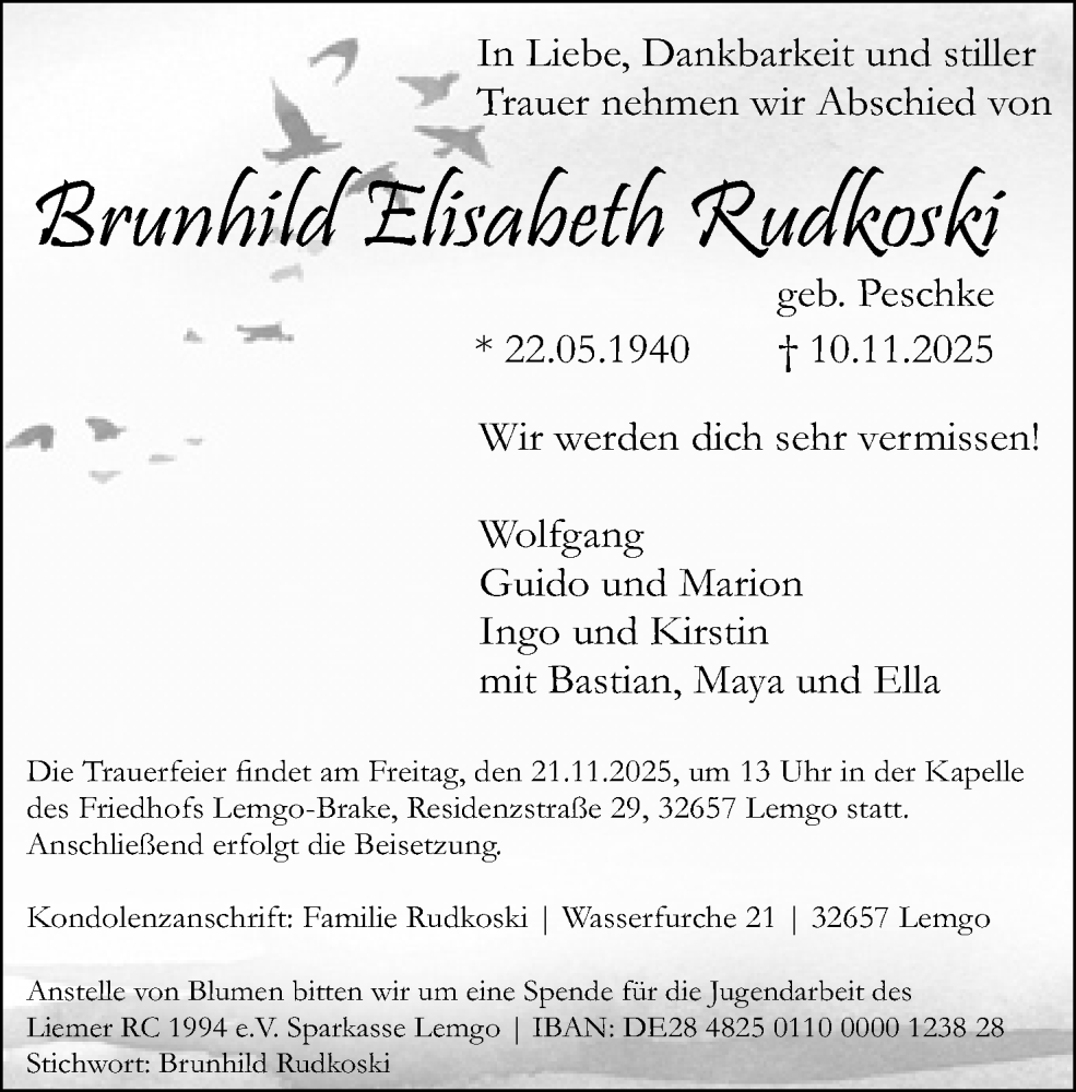  Traueranzeige für Brunhild Elisabeth Rudkoski vom 15.11.2025 aus Lippische Landes-Zeitung