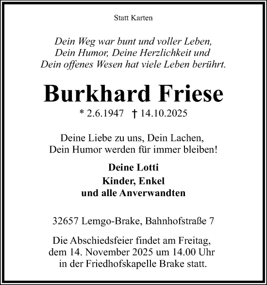Anzeige  Burkhard Friese  Lippische Landes-Zeitung