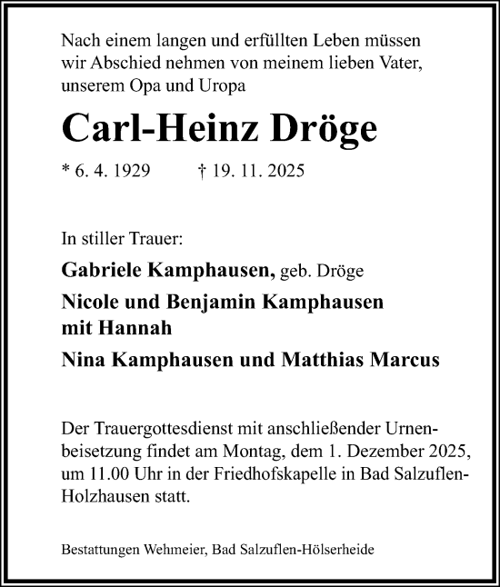 Anzeige  Carl-Heinz Dröge  Lippische Landes-Zeitung