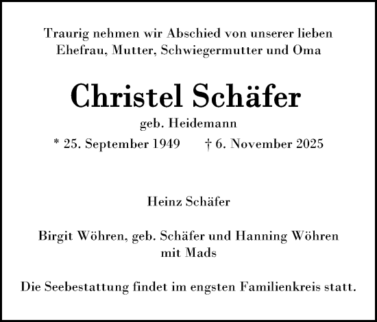 Anzeige  Christel Schäfer  Lippische Landes-Zeitung