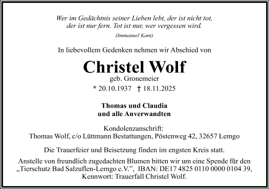 Anzeige  Christel Wolf  Lippische Landes-Zeitung