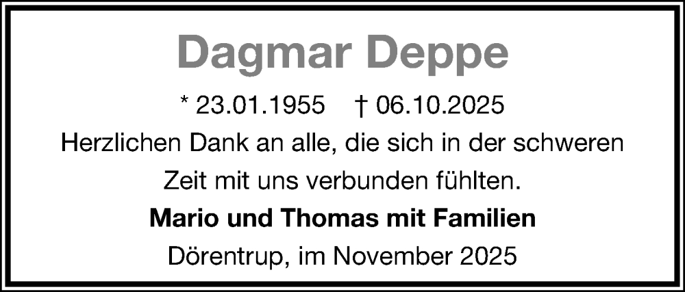  Traueranzeige für Dagmar Deppe vom 15.11.2025 aus Lippische Landes-Zeitung