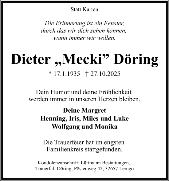 Anzeige  Dieter Döring  Lippische Landes-Zeitung