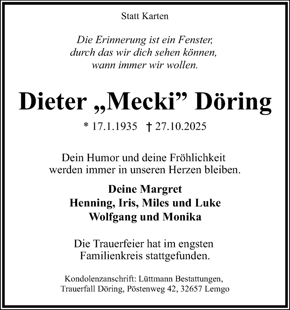  Traueranzeige für Dieter Döring vom 15.11.2025 aus Lippische Landes-Zeitung