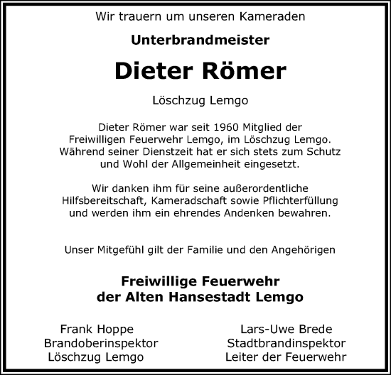 Anzeige  Dieter Römer  Lippische Landes-Zeitung