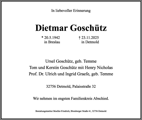Anzeige  Dietmar Goschütz  Lippische Landes-Zeitung