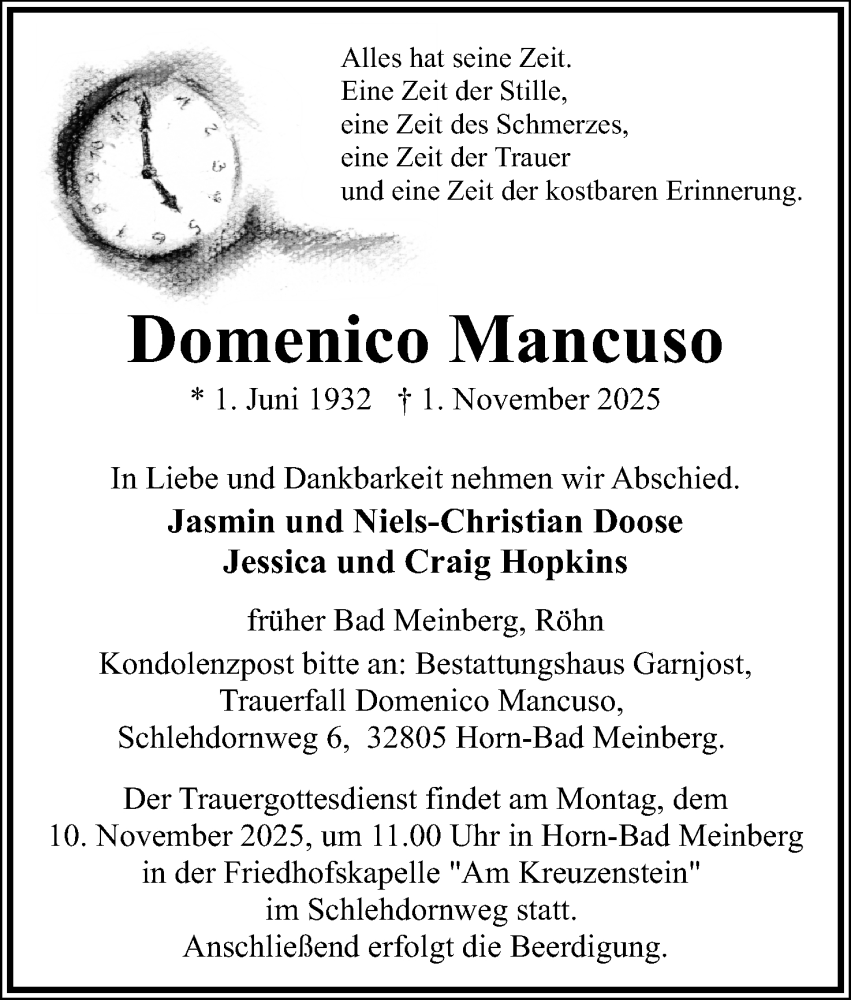  Traueranzeige für Domenico Mancuso vom 08.11.2025 aus Lippische Landes-Zeitung