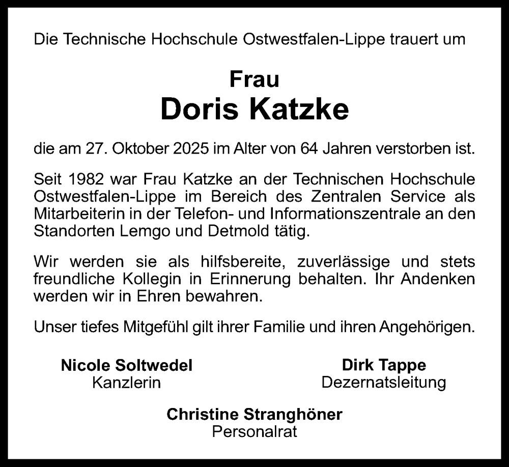  Traueranzeige für Doris Katzke vom 15.11.2025 aus Lippische Landes-Zeitung